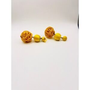 Yellow Woven Rattan and Thread Wrapped Tiered Ball Drop Statement Earrings